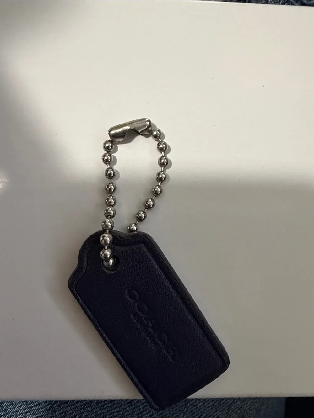 Coach NWOT navy Leather Tag Keychain with Silver Ball Chain 1.25